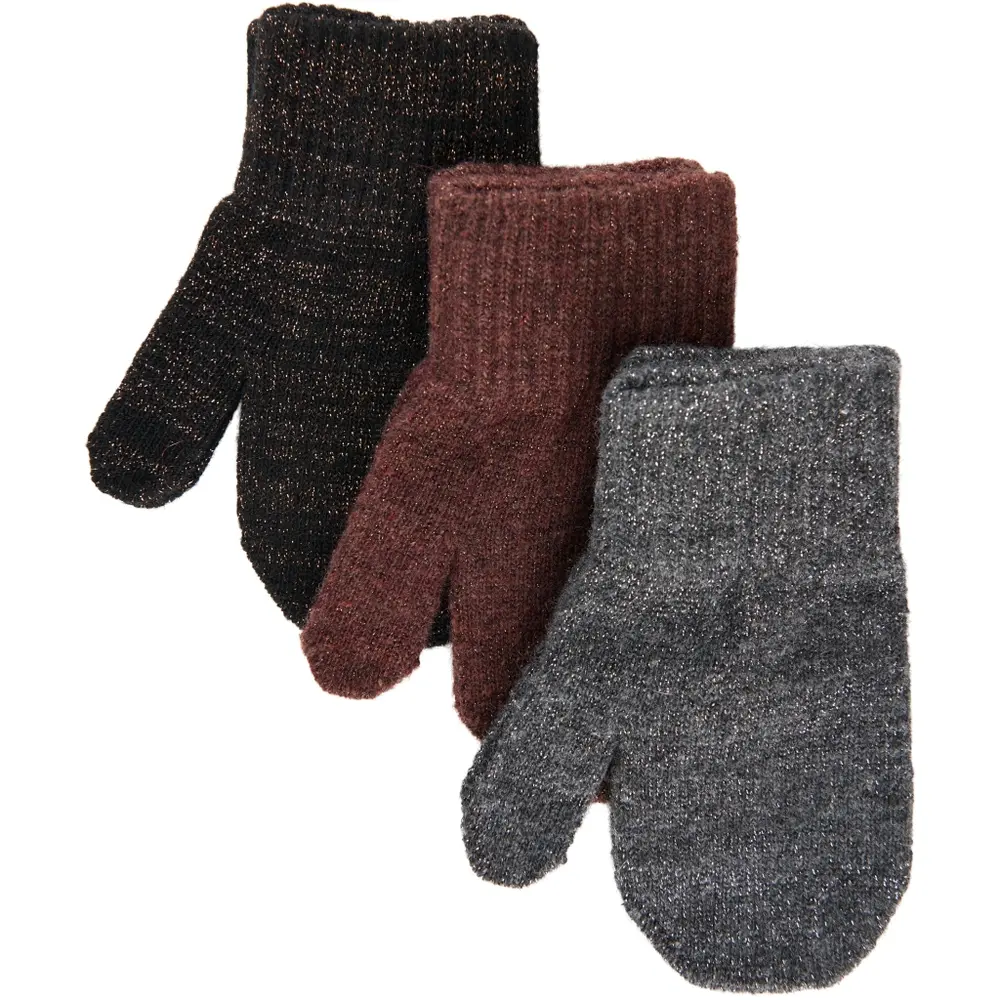 Magiska Vantar 3-pack med Lurex - Dark Mink/Black/Antrazite - 0-2 ÅR