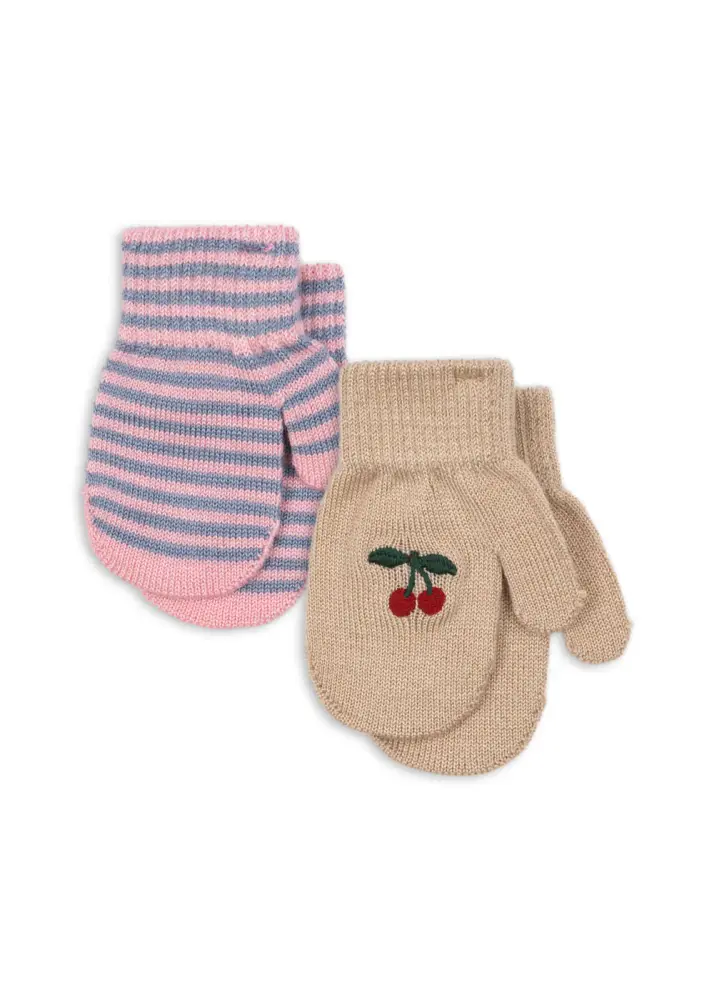 2 Pack Filla Vanter - Cherry/Stripe - ONE SIZE | Barnkläder - Ull - Ullmössor, ullvantar och ulltossor | BabyMode
