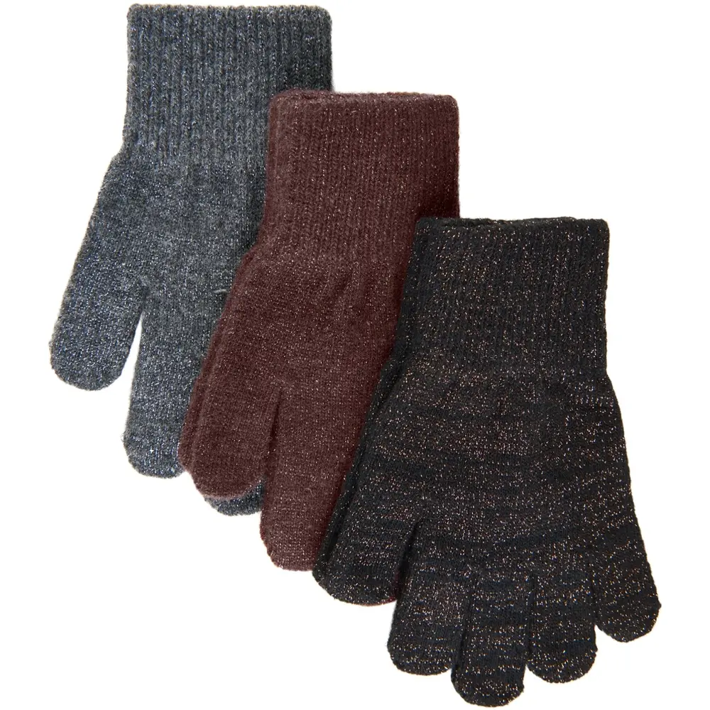 Magiska Handskar 3-pack med Lurex - Dark Mink/Black/Antrazite - 4-7 ÅR