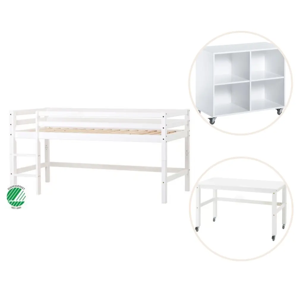 ECO Dream Halvhög säng (delbar) vit, med rumsdelare och skrivbord | Barnrum - Barnrumspaket | BabyMode