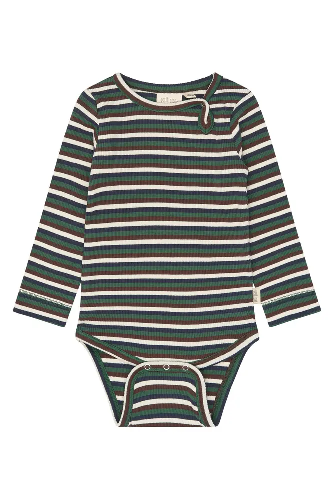 Petit Piao Song Långärmad Body - Trekking Green Multistriped - 68 CM
