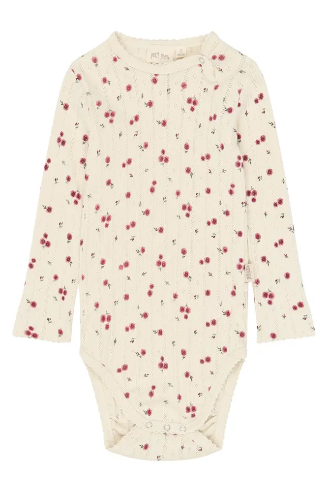 Petit Piao Gracie Långärmad Pointelle Body - Eggnog Rosehip AOP - 80 CM