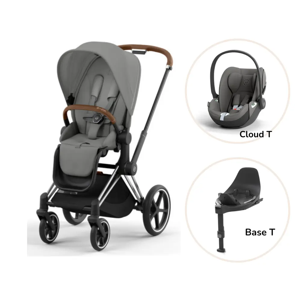 Priam Sittvagn + Cloud T + Basenhet T - Mirage Grey/Chrome Brown | Barnvagnar - Barnvagnspaket | BabyMode