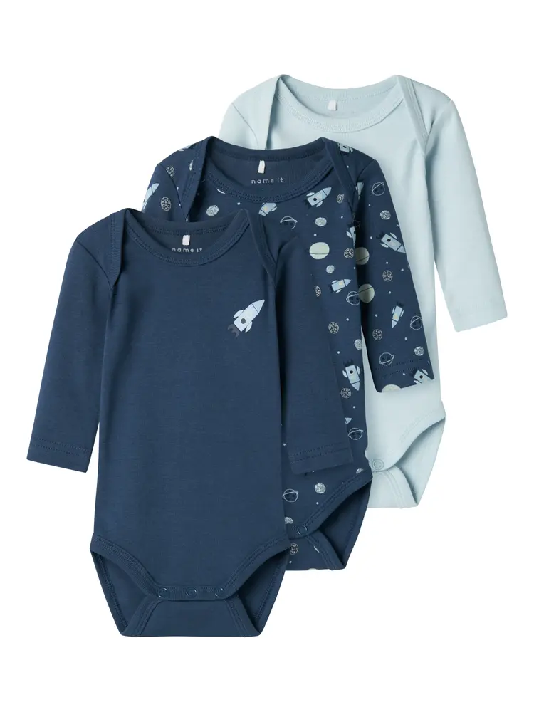 Långärmad Body 3-Pack - Dark denim - 74 | Barnkläder - Bodys & overaller - Långärmad body | BabyMode
