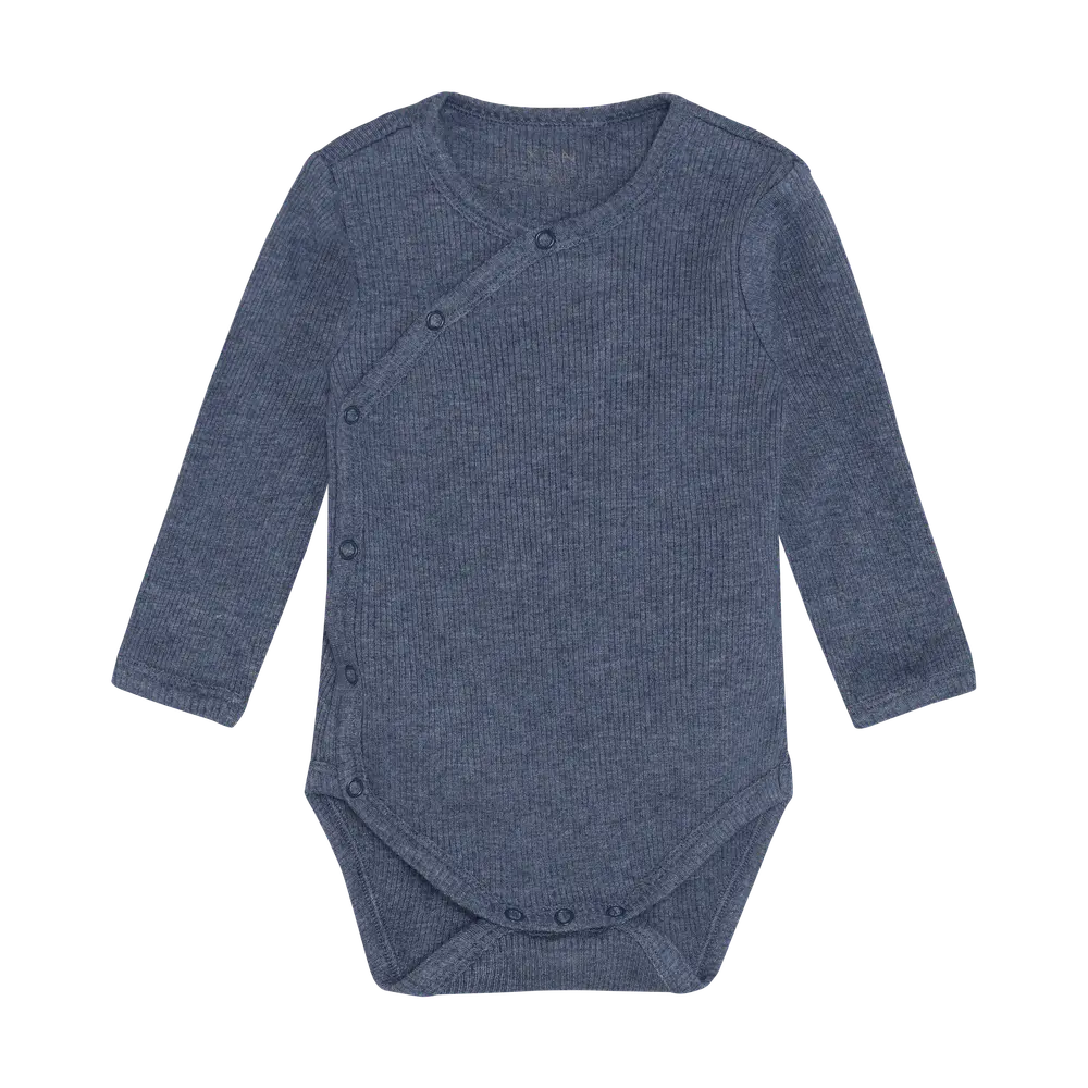 Långärmad Wrap Body Melange Rib - Vintage Indigo Melange - 68 | Barnkläder - Bodys & overaller - Omlottbody | BabyMode
