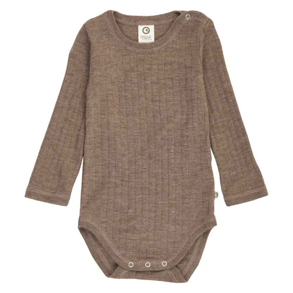 Långärmad Body Woolly Merinoull - Walnut Melange - 92 | Barnkläder - Bodys & overaller - Långärmad body | BabyMode