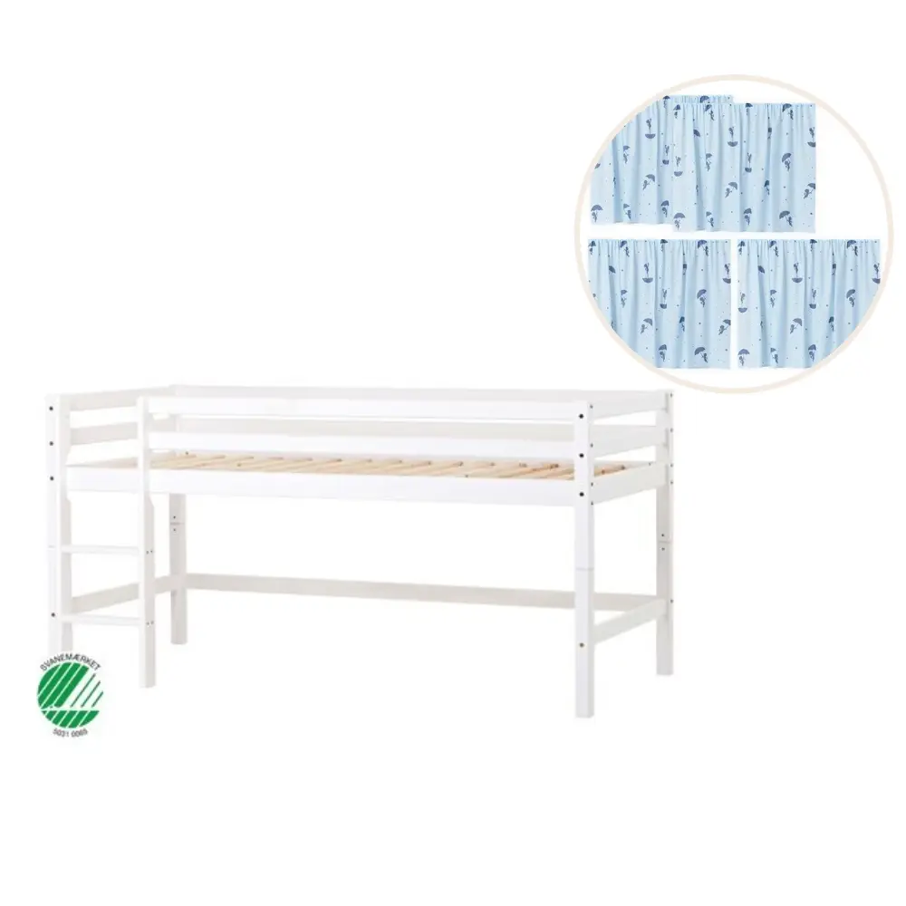 ECO Dream Halvhög säng (delbar) vit 90x200, med blått gardin | Barnrum - Barnrumspaket | BabyMode
