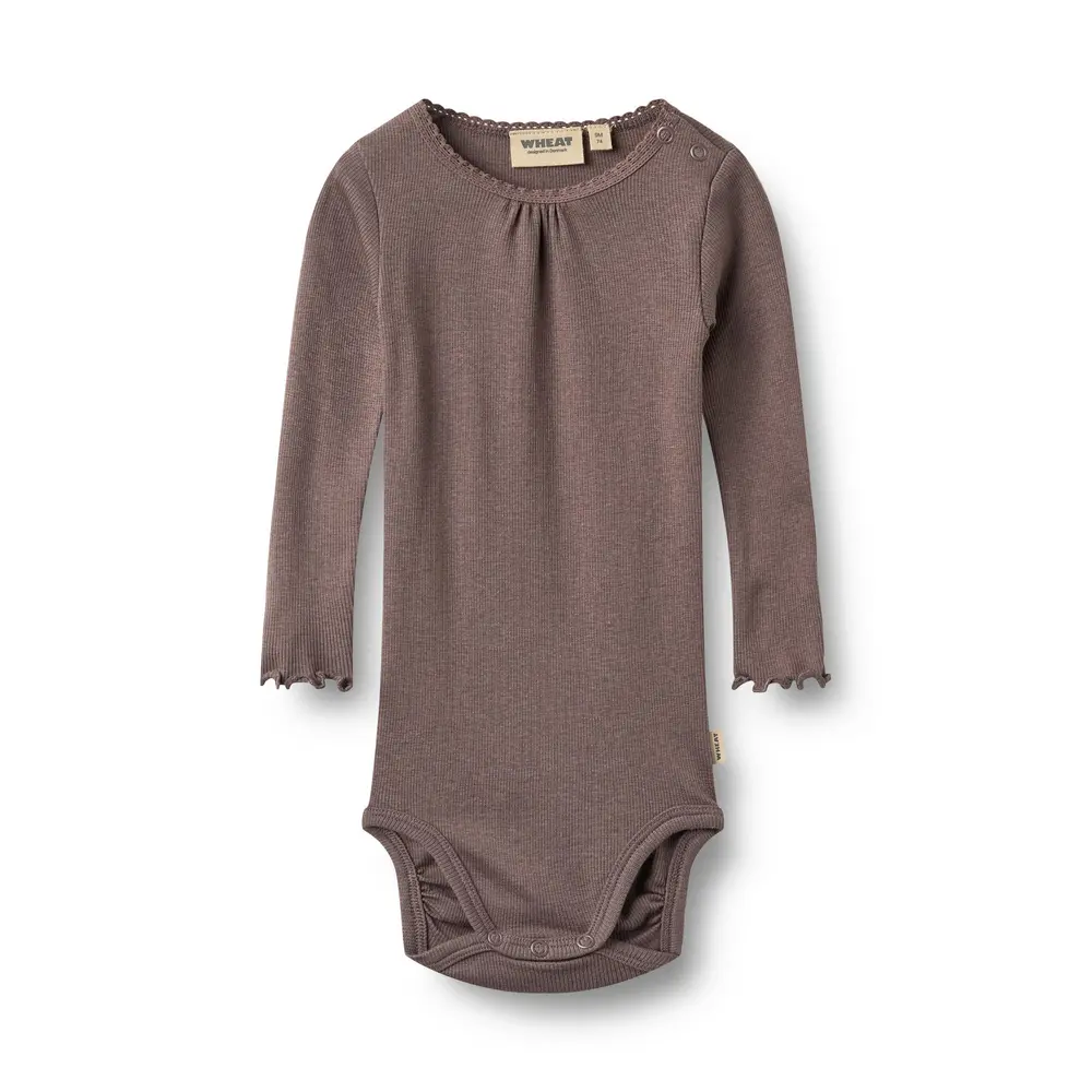 Wheat Lotta Rib Långärmad Body - Plum Truffle - 62