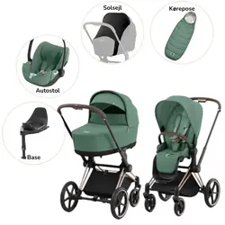 Priam Duovagn med bilbarnstol bas åkpåse och solskydd – leaf green/rosegold Plus