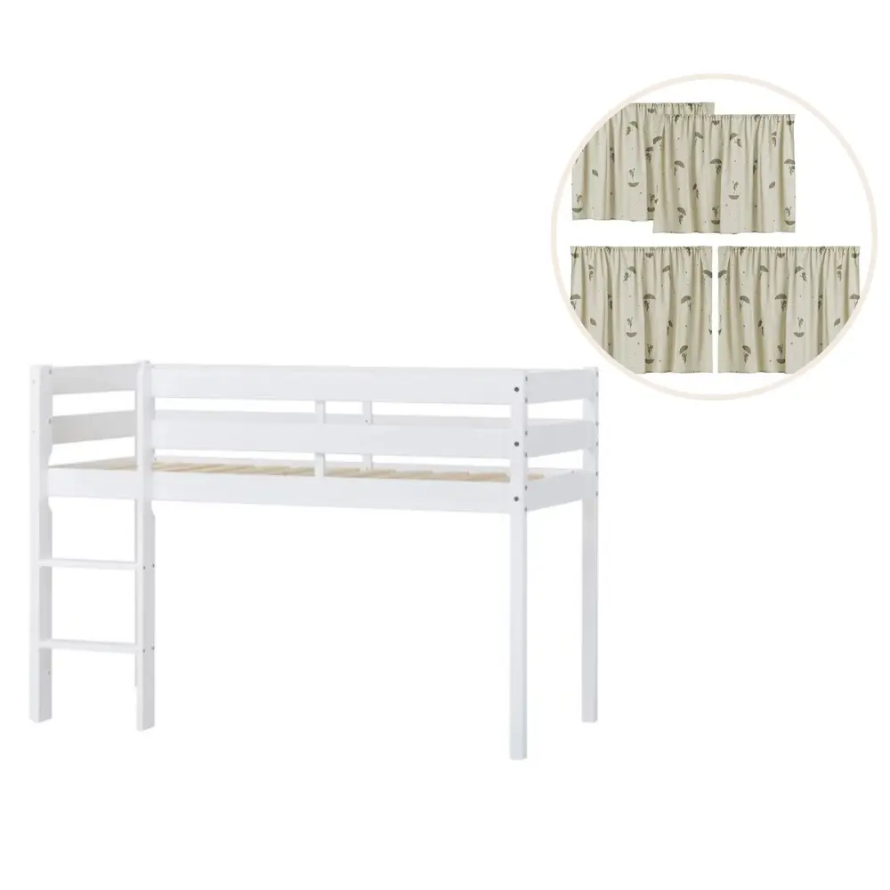 ECO Comfort halvhög säng vit, med grönt gardin | Barnrum - Barnrumspaket | BabyMode
