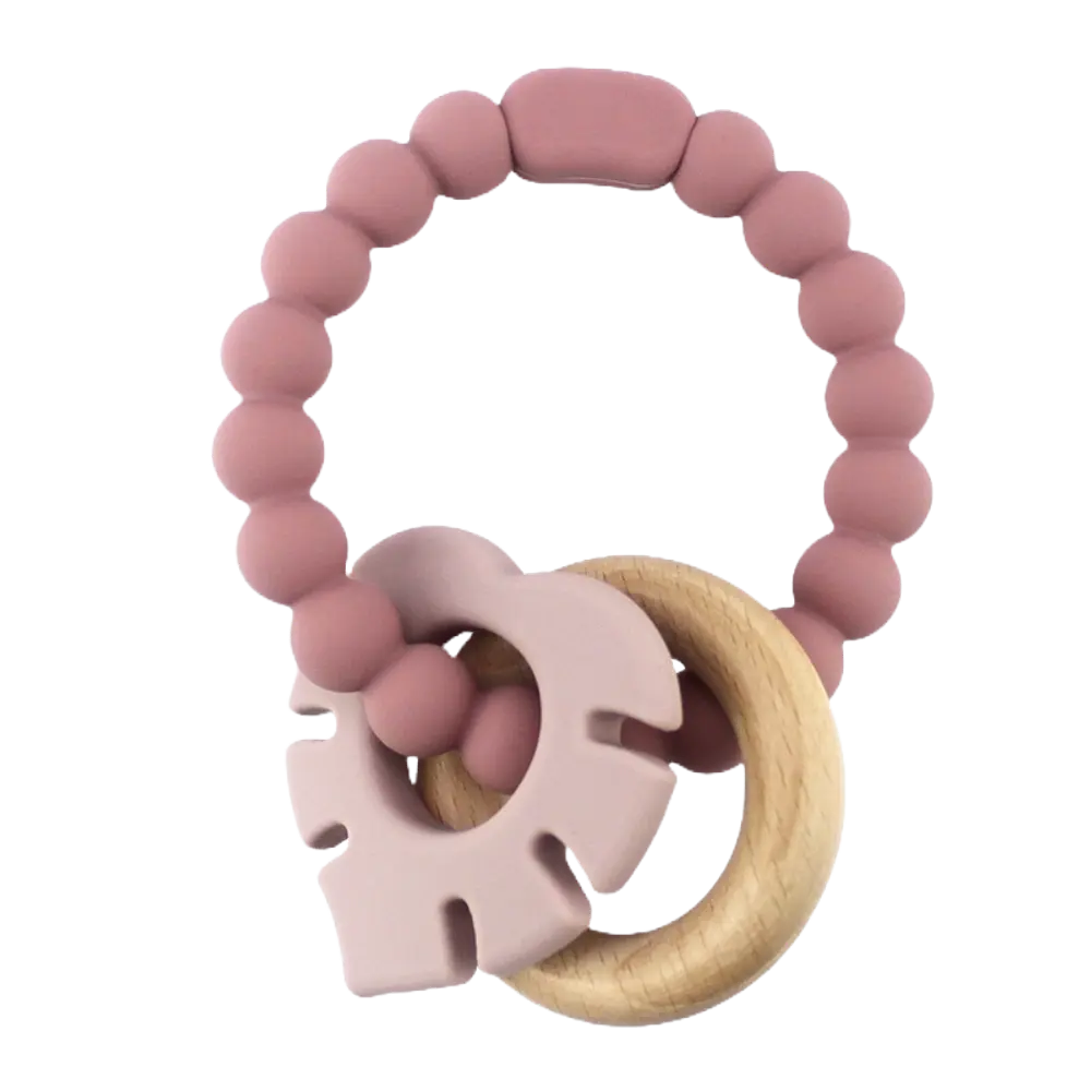 Bitring Silikon Blad & Träring - Rosa | Leksaker - Babyleksaker - Skallror & bitringar | BabyMode