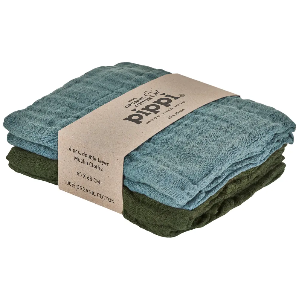 Pippi Ekologisk Muslinfilt 4-pack 65x65 cm - Blå/Grön | Barnrum - Textilier - Muslinfiltar | BabyMode