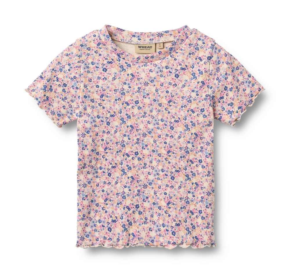 Alicia Rib T-Shirt - Pink Blue Flowers - 122 | Barnkläder - Toppar - T-shirts & toppar | BabyMode