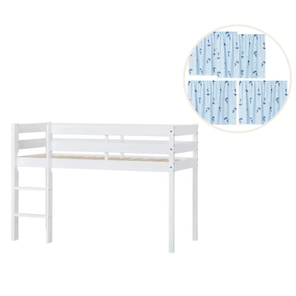 ECO Comfort halvhög säng vit, med blått gardin | Barnrum - Barnrumspaket | BabyMode