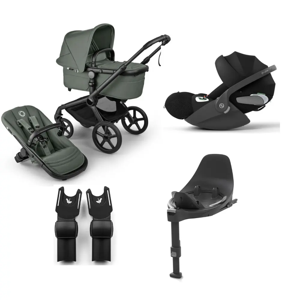 Bugaboo Fox 5 Renew Complete - Black/Forest Green + Cloud T + Bas T + Adapter | Barnvagnar - Barnvagnspaket | BabyMode