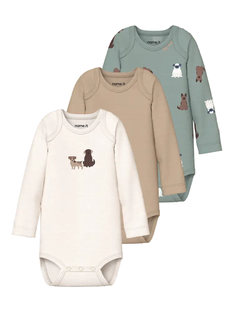 Name It Hund Långärmad Body 3-Pack - Green Milieu - 62