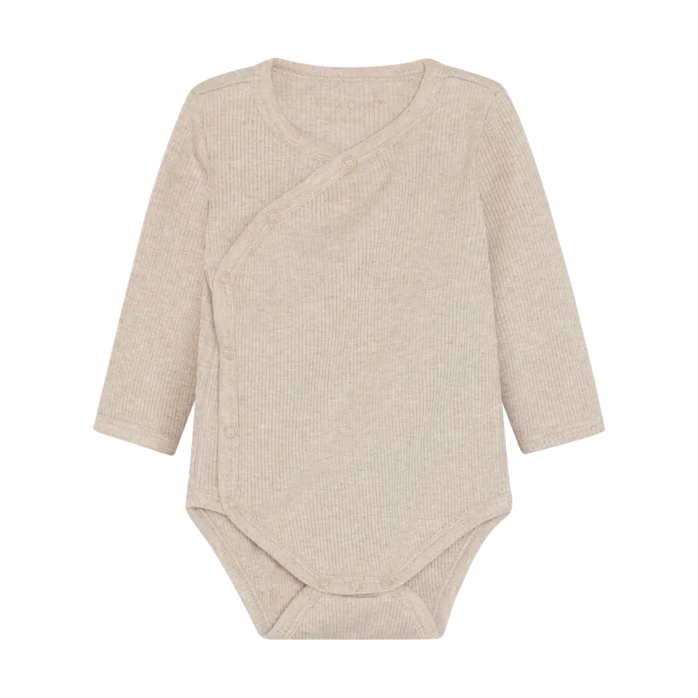 Långärmad Wrap Body Melange Rib - Pure Cashmere Melange - 62 | Barnkläder - Bodys & overaller - Omlottbody | BabyMode