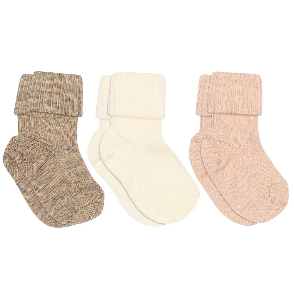 Ull Rib Babystrumpor 3 -pack - Light Brown Melange - 22/24 | Barnkläder - Ull - Strumpor & ullstrumpbyxor | BabyMode