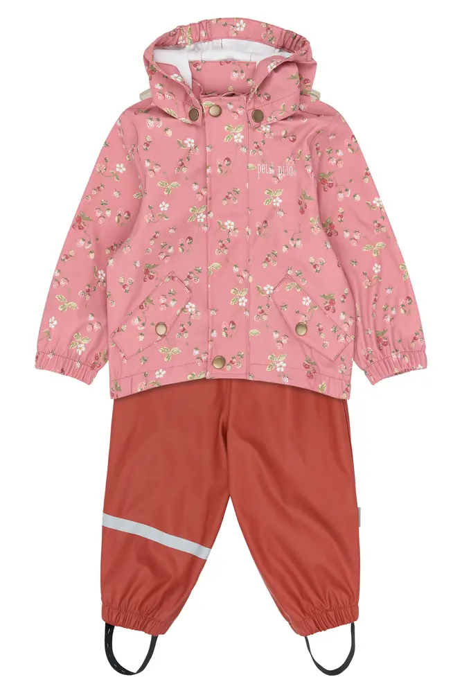 Dai Regnset m. Hängslen - Dusty Rose Strawberry AOP - 98 CM