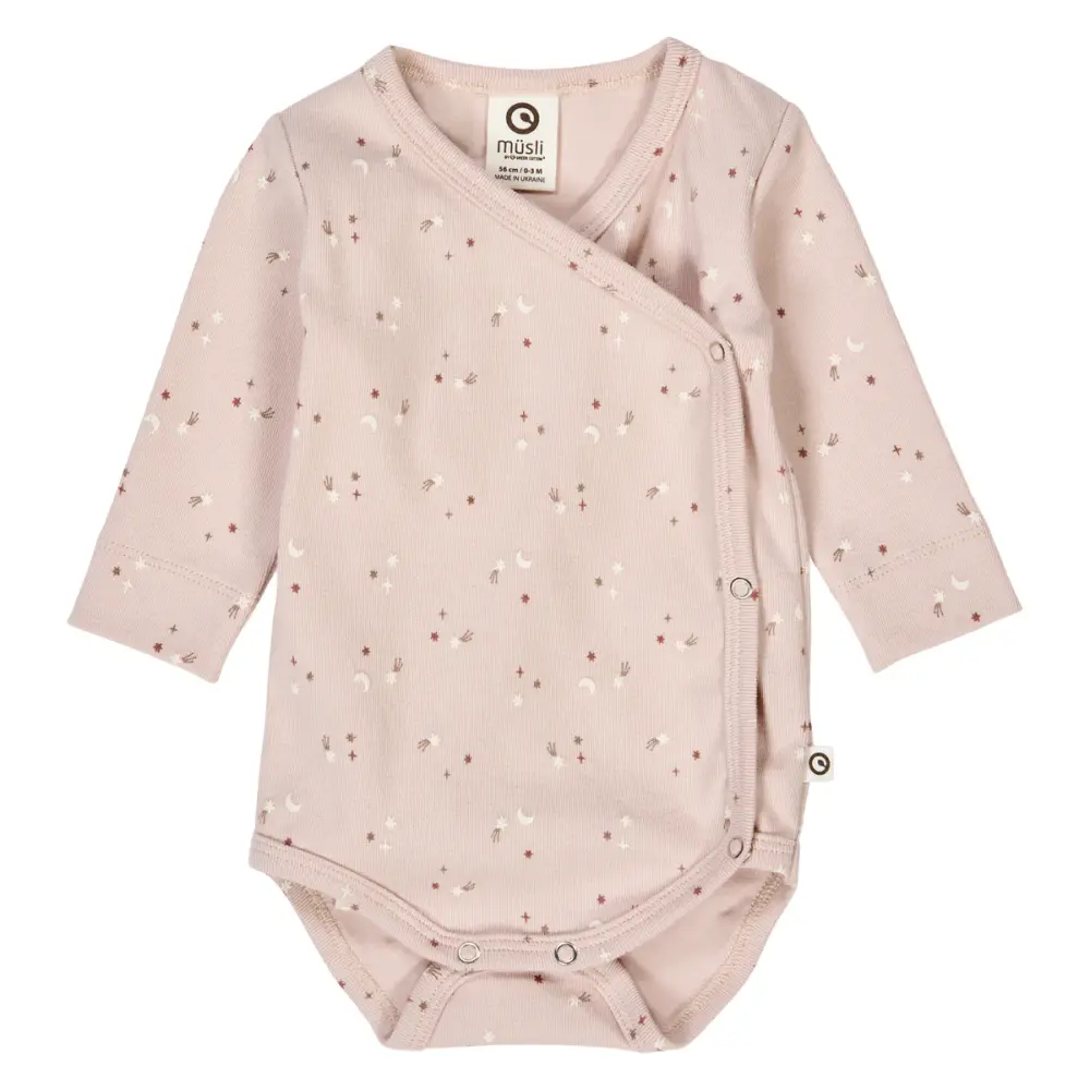 Långärmad Omlottbody Stars Rib - Nightingale/ Walnut/ Daydream - 74 | Barnkläder - Bodys & overaller - Omlottbody | BabyMode