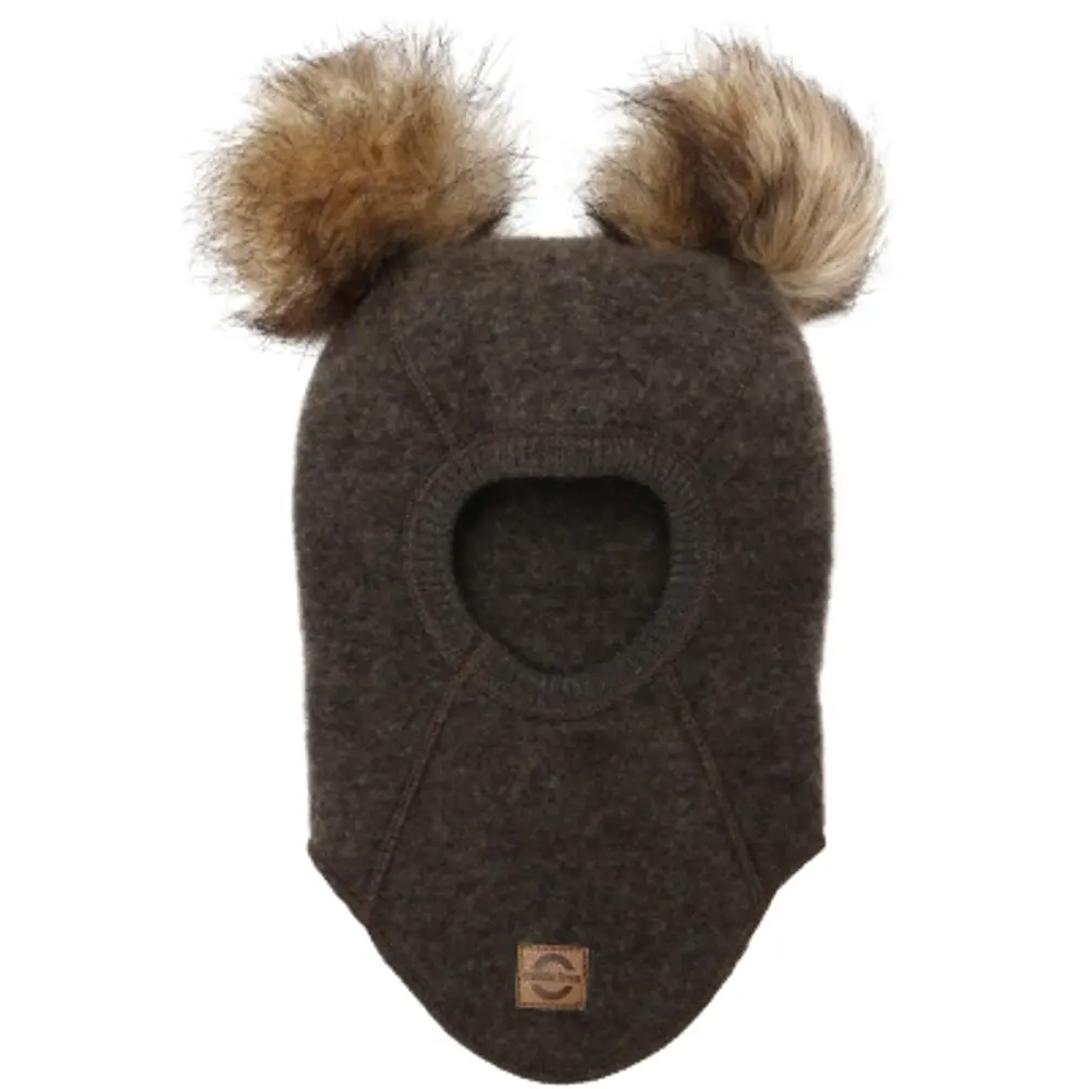 Balaclava Ull med Pom-Pom - Dark Brown Melange - 62/68