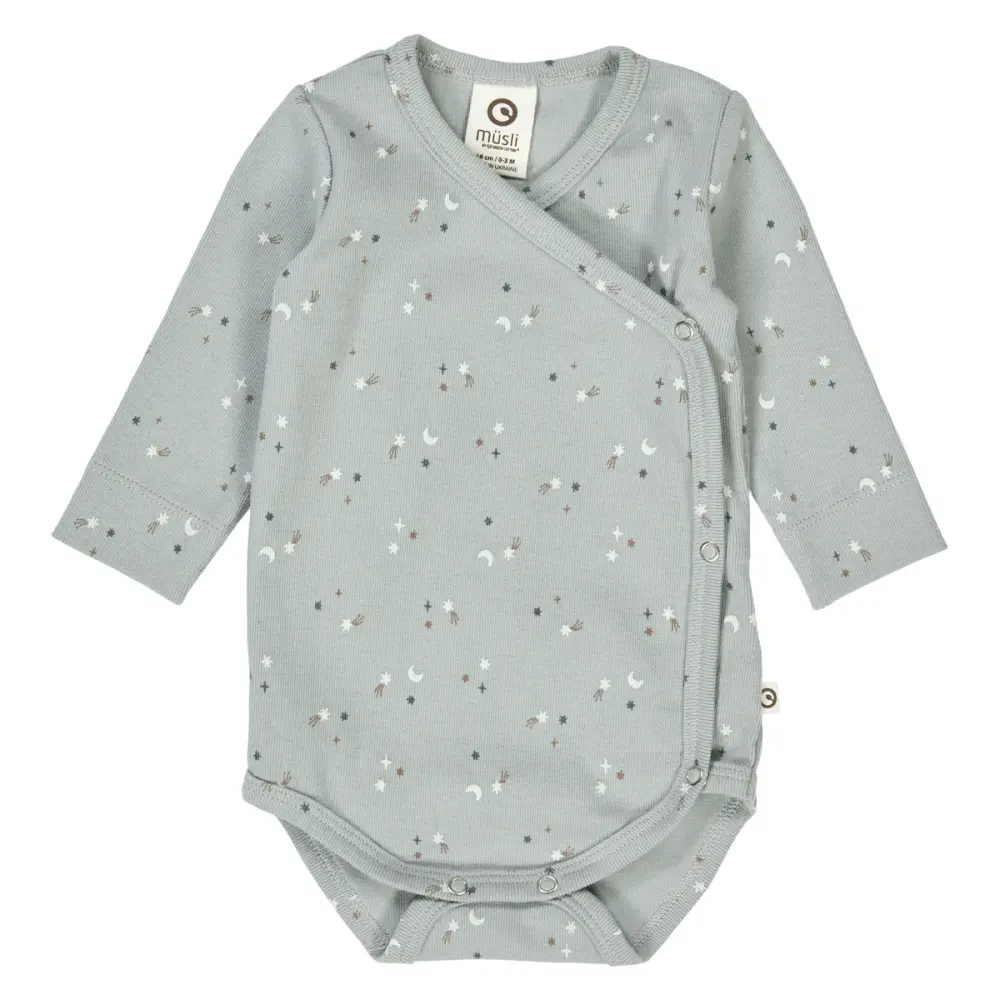 Långärmad Omlottbody Stars Rib - Jasmin blue/ Walnut/ Stormy blue - 68 | Barnkläder - Bodys & overaller - Omlottbody | BabyMode