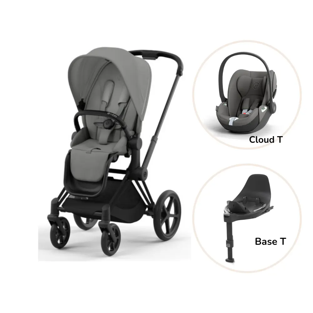 Priam Sittvagn + Cloud T + Basenhet T - Mirage Grey/Matt Black | Barnvagnar - Barnvagnspaket | BabyMode