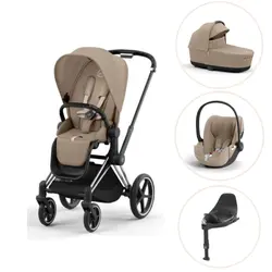 Cybex Priam Duovagn + Cloud T Plus + Bas T - Chrome Black/Cozy Beige | Barnvagnar | BabyMode