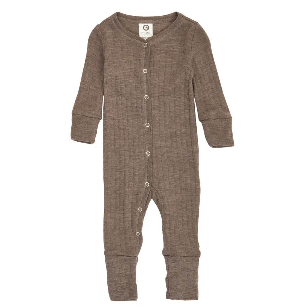 Jumpsuit med Fot Woolly - Walnut Melange - 62 | Barnkläder - Ull - Ulloveraller | BabyMode